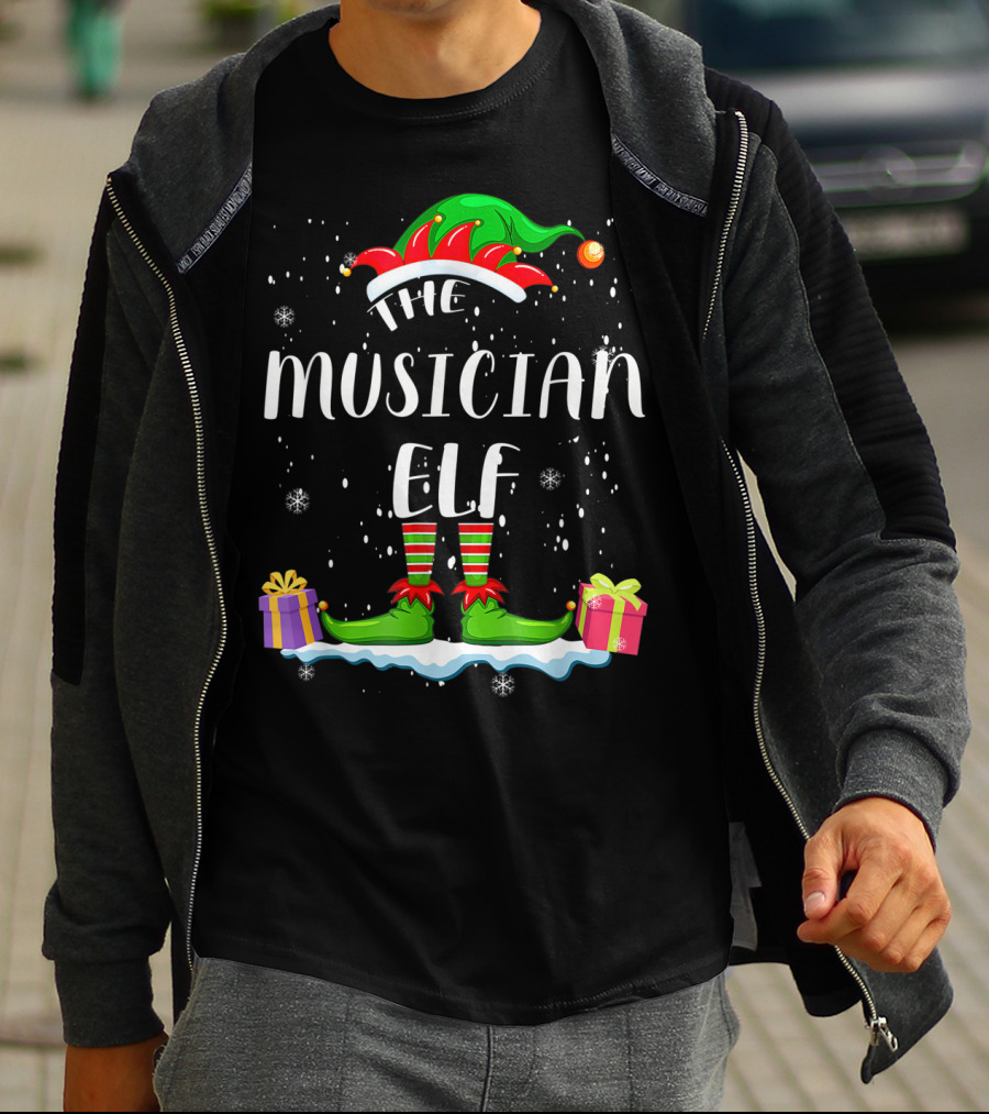 The Musician Elf Christmas Apparel With Festive Gifts And Snowflakes T-Shirt