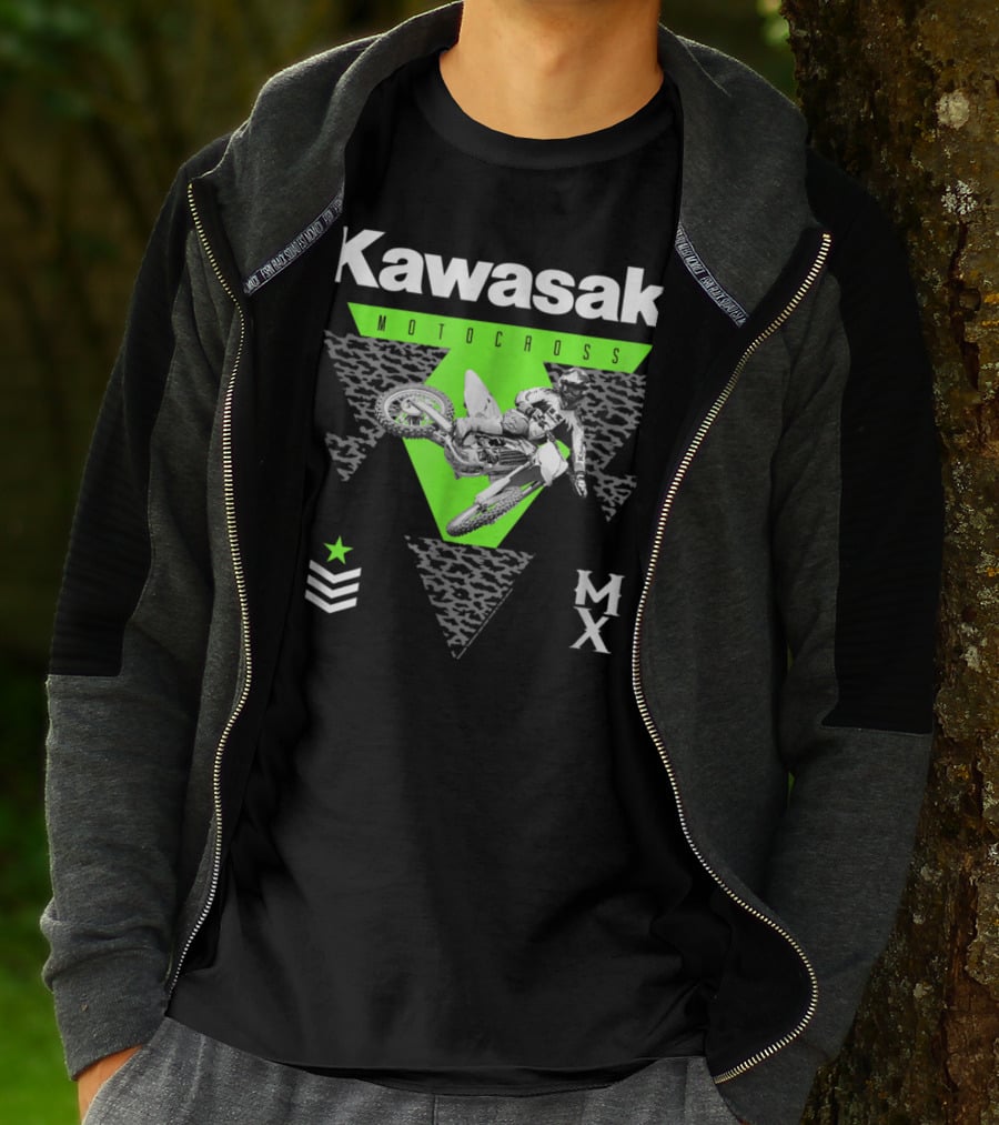Kawasaki Motocross Classic Look 27272 MX Rider With Green Triangle And Chevron Star T-Shirt