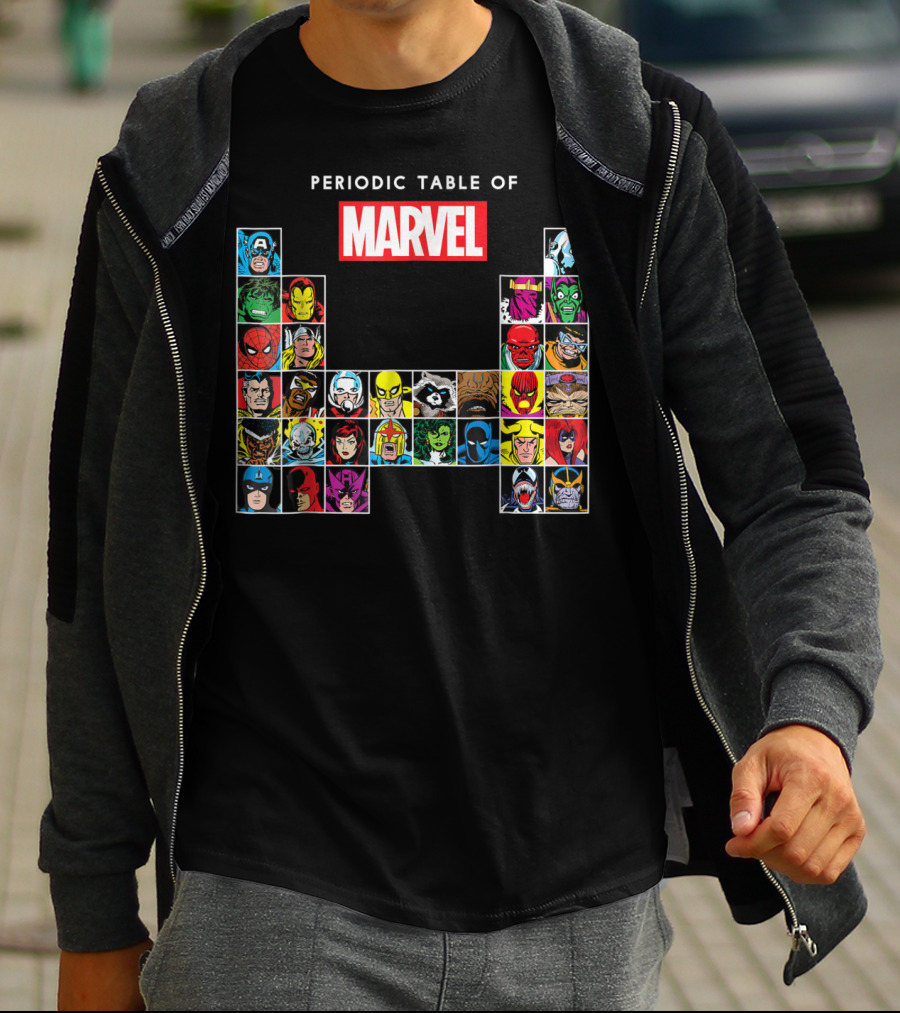 Periodic Table Of Marvel Heroes And Villains Classic Comic Characters T-Shirt