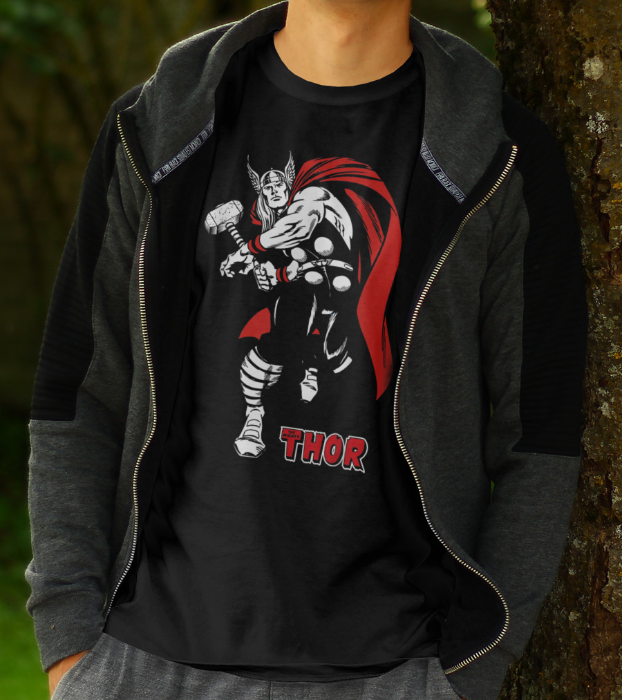 Marvel Comics Thor Mighty Hammer Swing Red Cape T-Shirt