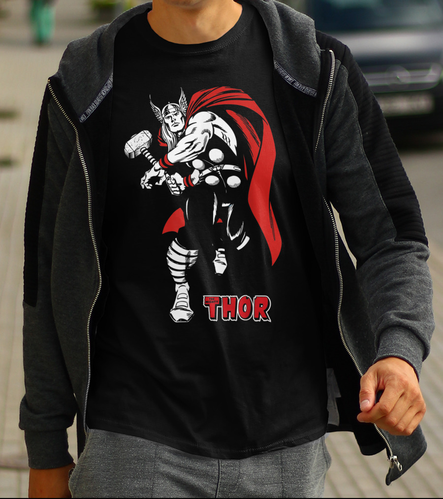 Marvel Comics Thor Mighty Hammer Swing Red Cape T-Shirt