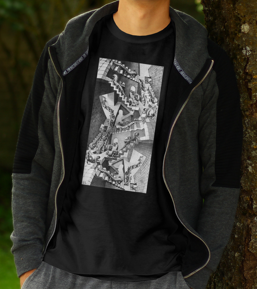 Escher Relativity Optical Illusion Staircase Maze In Three Colors T-Shirt