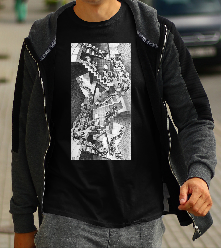 Escher Relativity Optical Illusion Staircase Maze In Three Colors T-Shirt