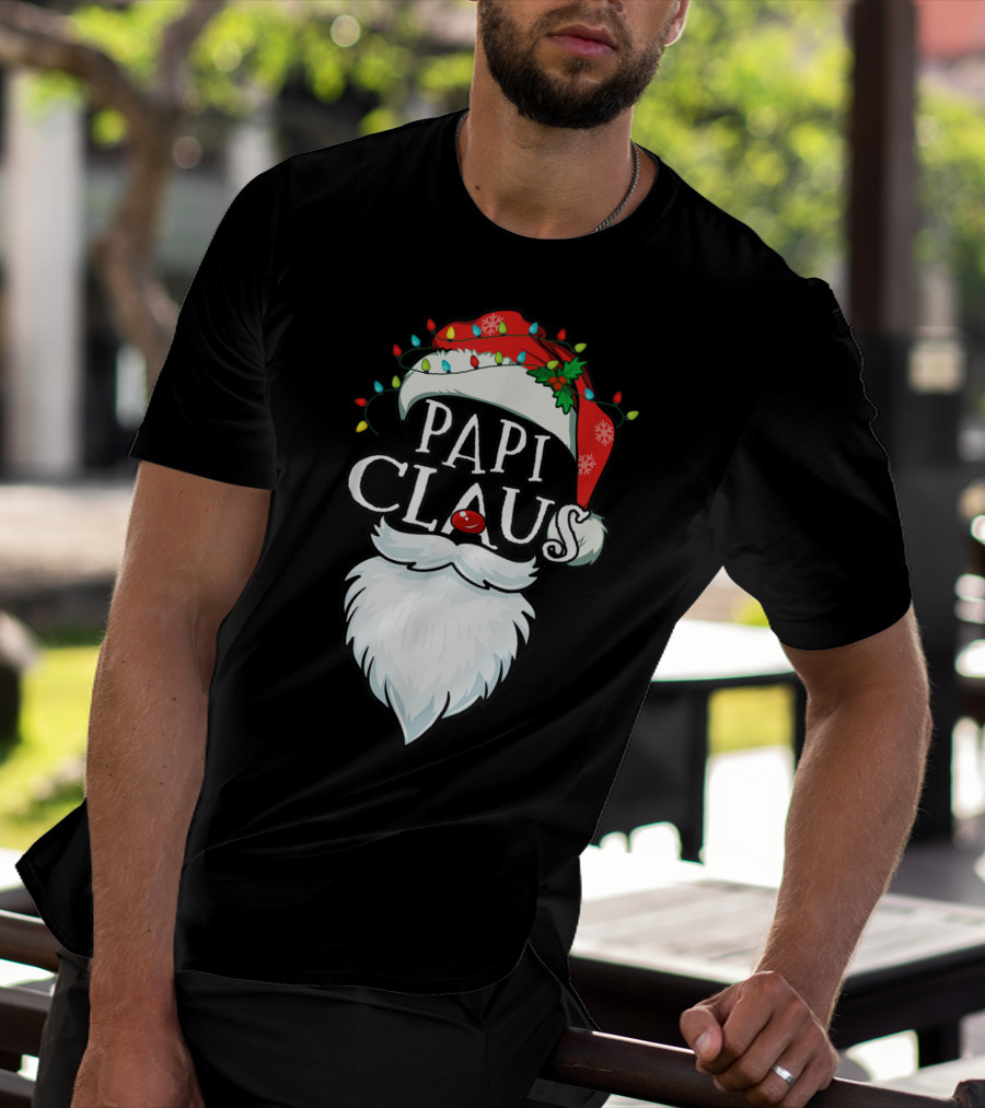 Mens Papi Claus Santa Hat Xmas Costume Family Beard Lights T-Shirt