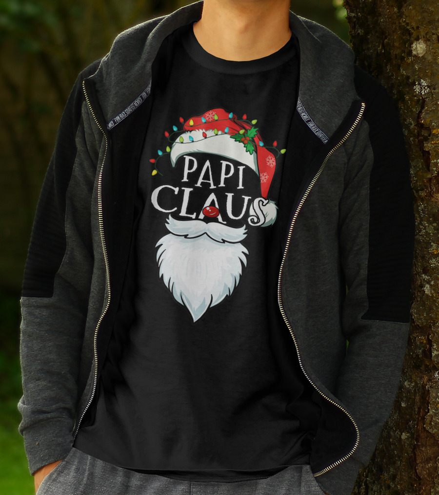 Mens Papi Claus Santa Hat Xmas Costume Family Beard Lights T-Shirt