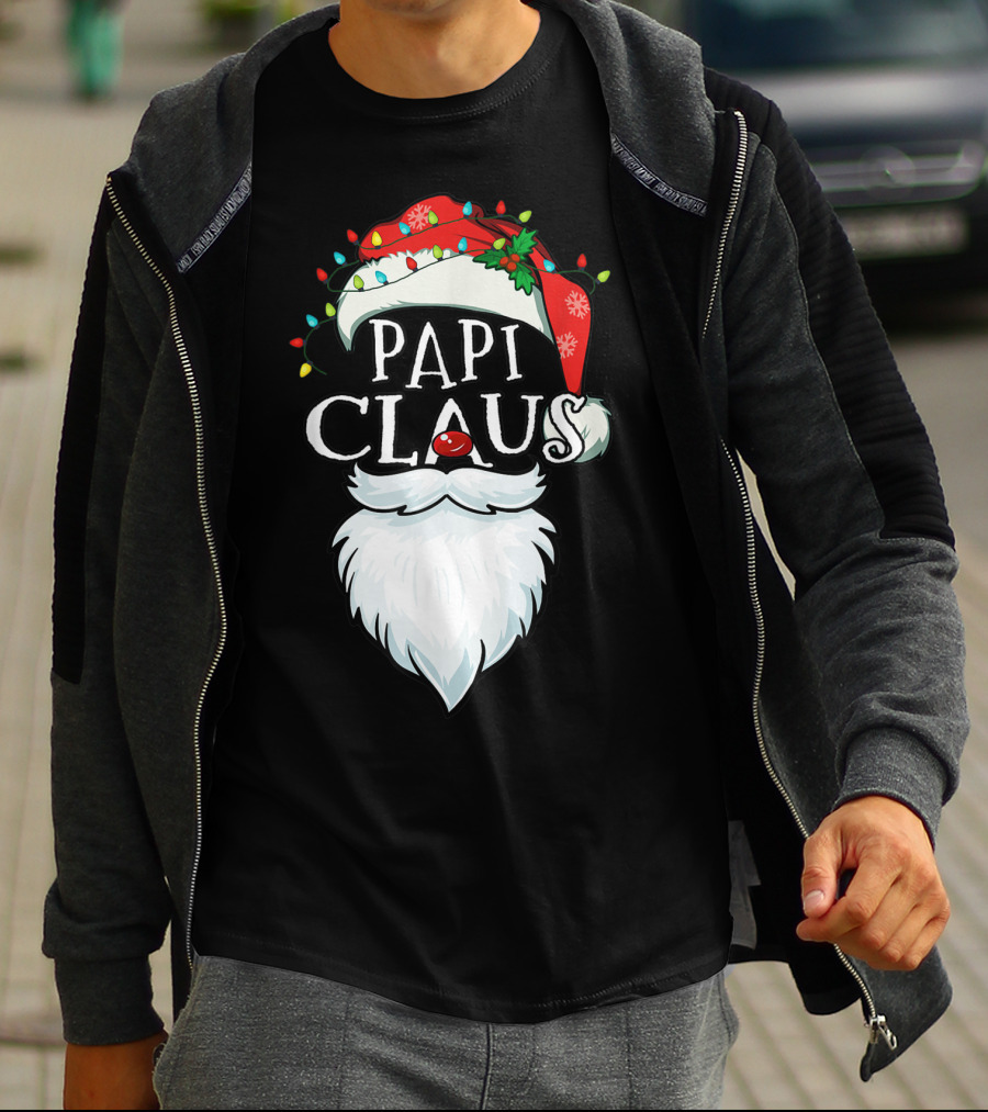 Mens Papi Claus Santa Hat Xmas Costume Family Beard Lights T-Shirt