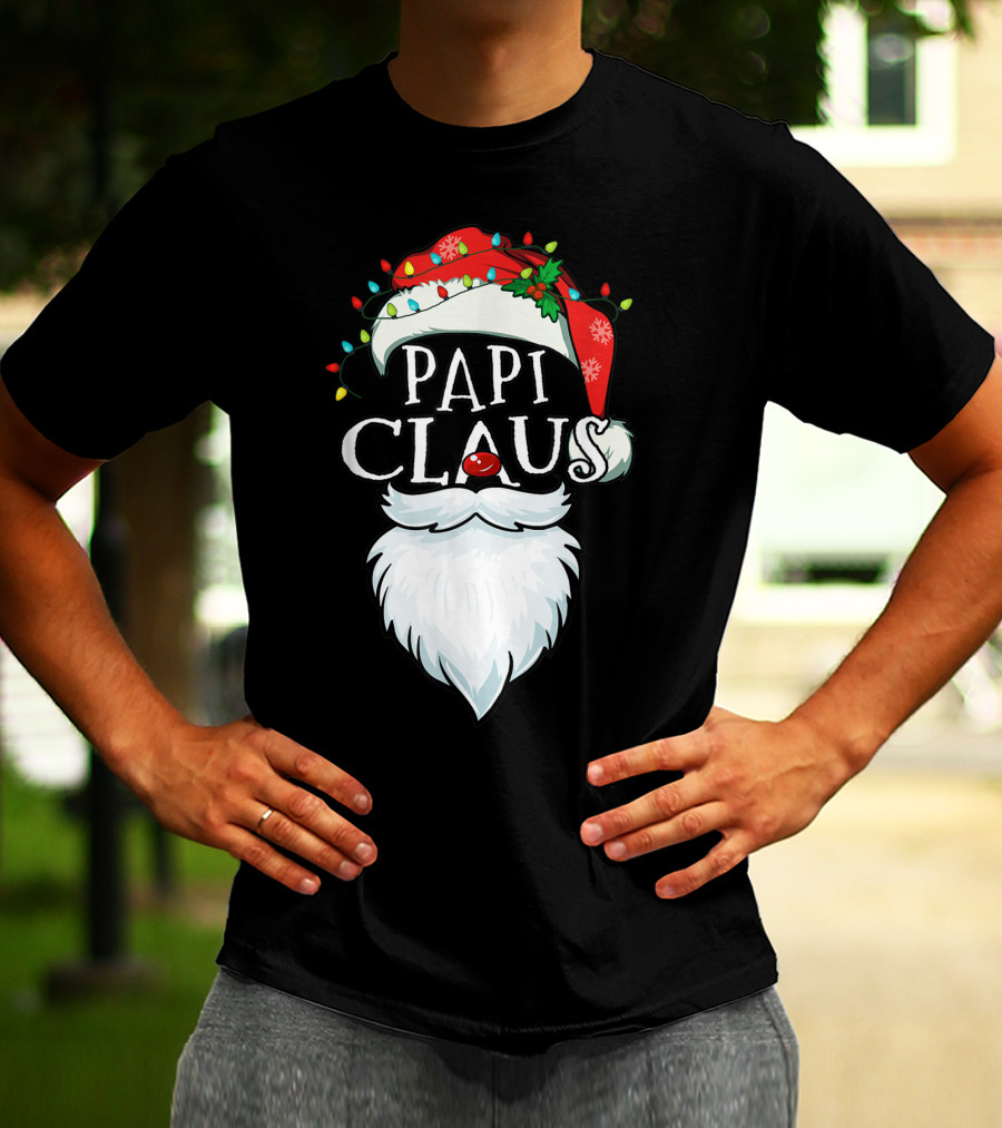 Mens Papi Claus Santa Hat Xmas Costume Family Beard Lights T-Shirt