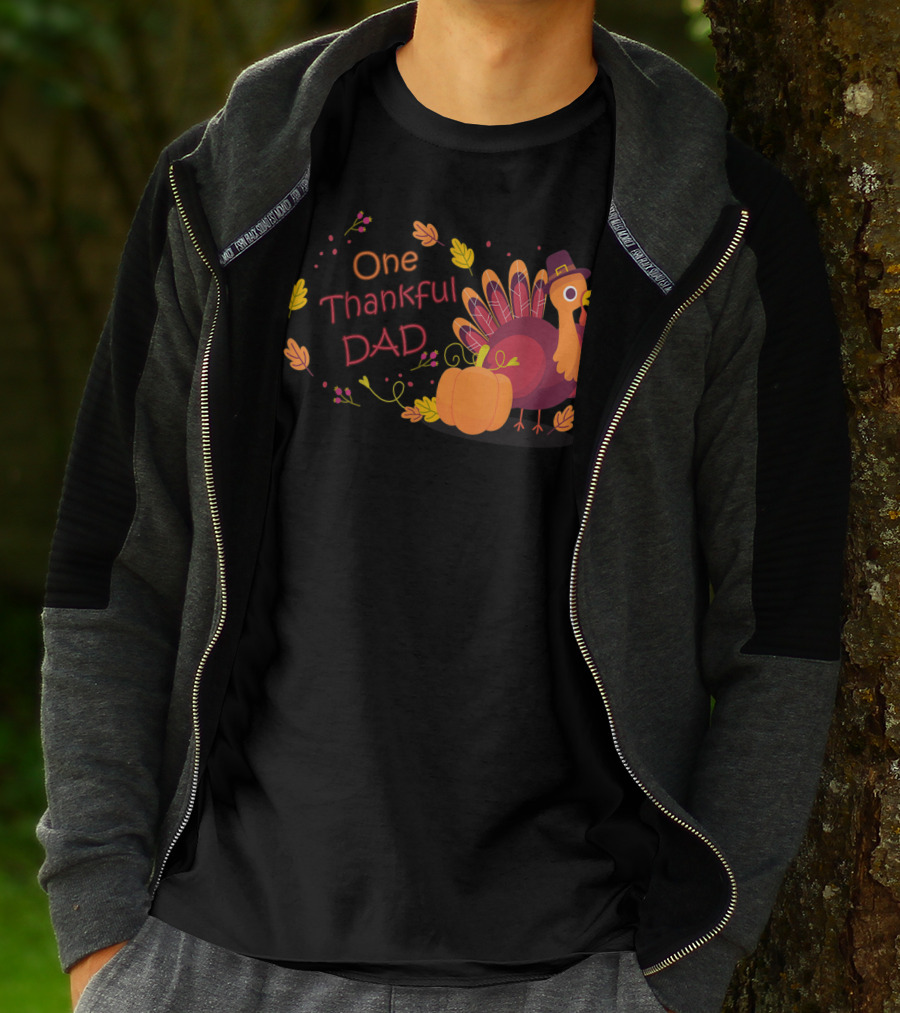 One Thankful Dad Turkey With Pumpkin And Autumn Leaves T-Shirt