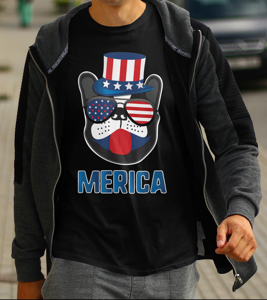 Merica Boston Terrier Dog Patriotic Uncle Sam Hat USA T-Shirt