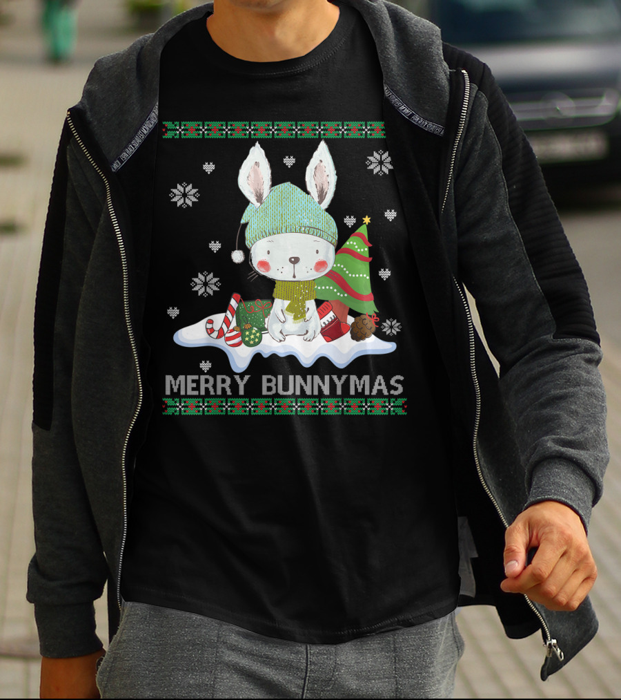 Merry Bunnymas Cute Bunny With Santa Hat And Christmas Tree T-Shirt