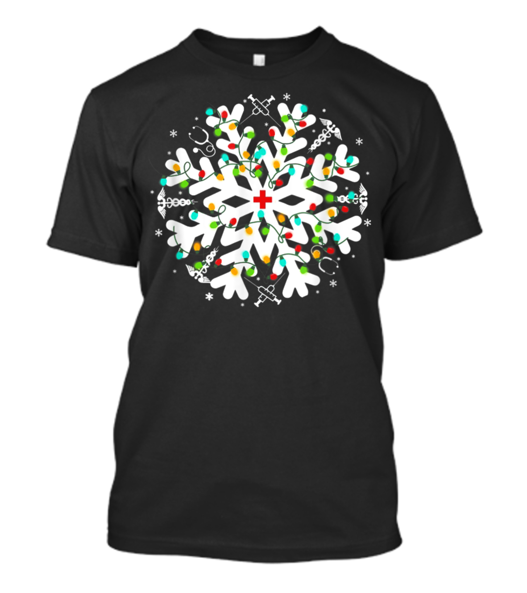 Merry Christmas Nurse Snowflakes With Stethoscope And Lights T-Shirt