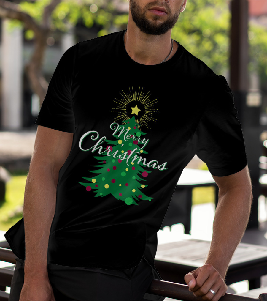 Merry Christmas Tree With Star And Colorful Ornaments For Family Party T-Shirt