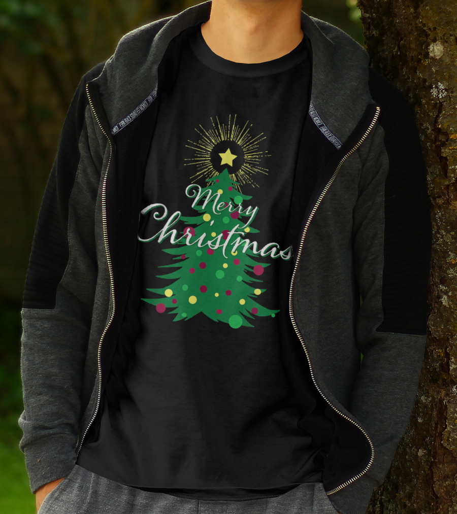 Merry Christmas Tree With Star And Colorful Ornaments For Family Party T-Shirt
