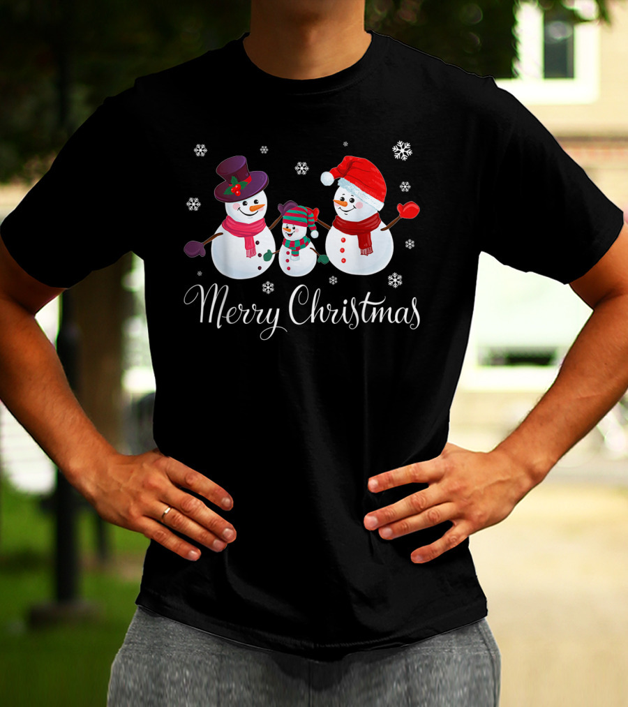 Merry Christmas Family Snowman Snowflakes Holiday Scene T-Shirt