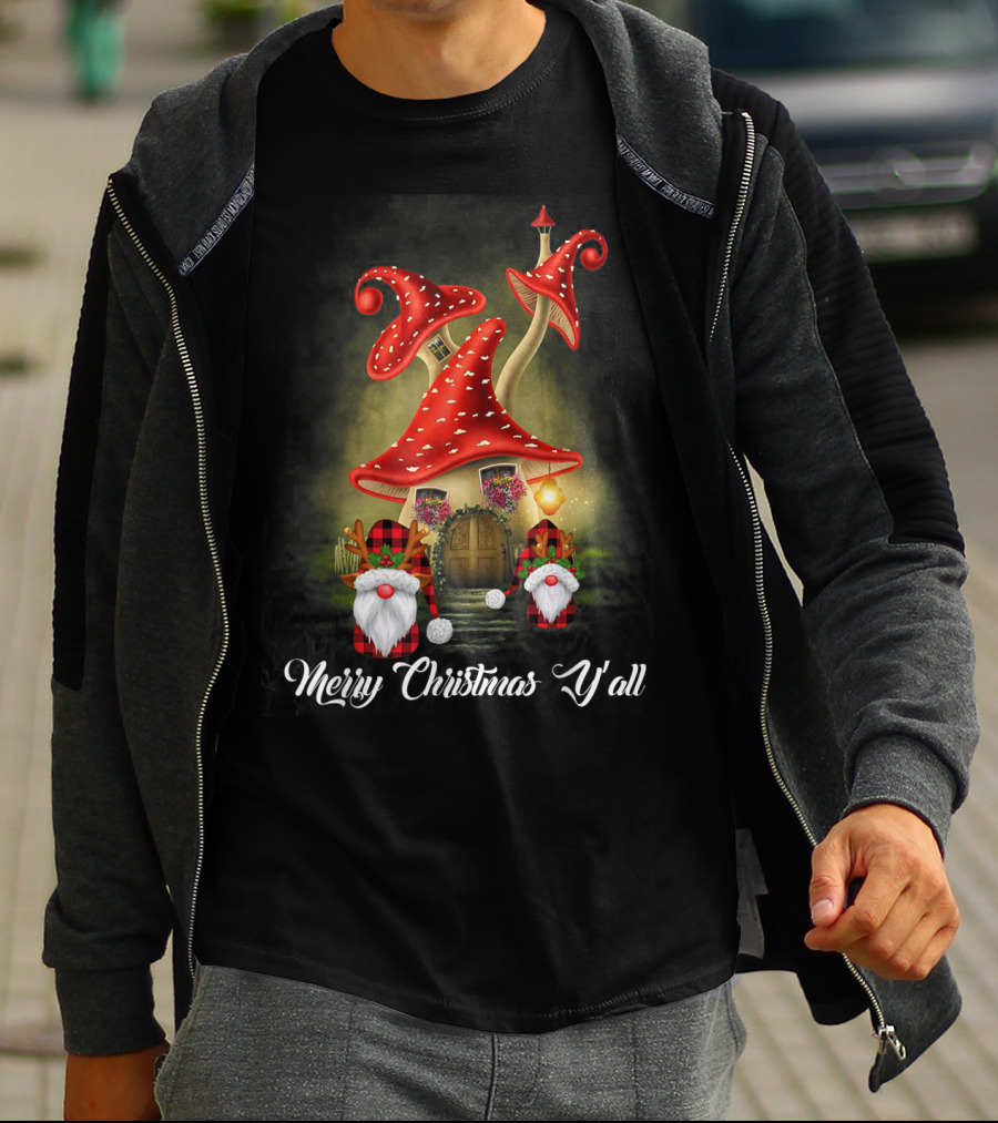 Merry Christmas Y'all Gnome Red Mushroom House T-Shirt