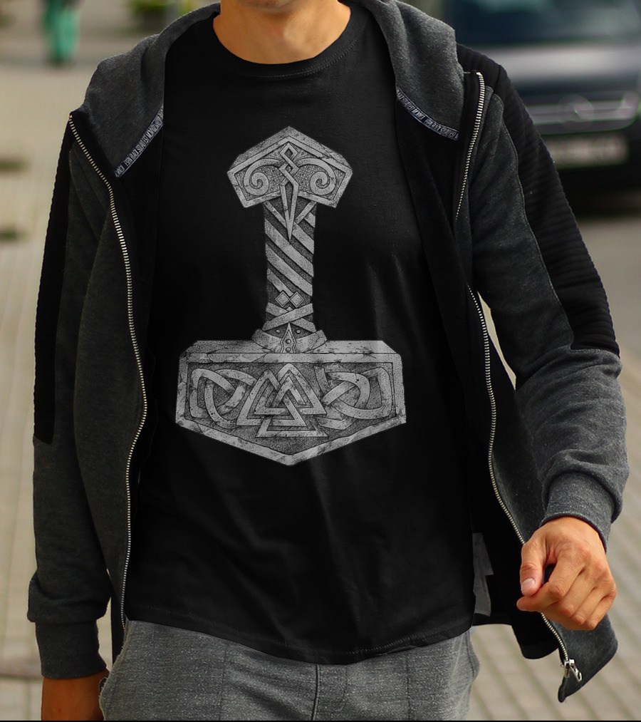 Mjolnir Thor's Hammer With Valknut Symbol Norse Mythology Viking T-Shirt