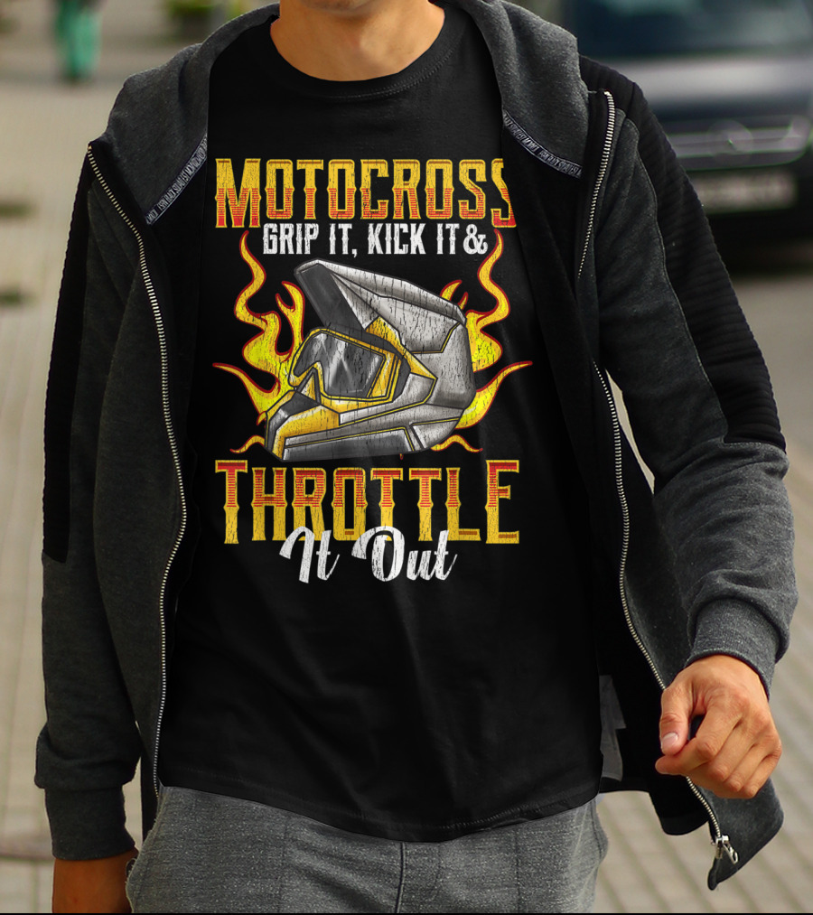 MOTOCROSS Grip It Kick It Throttle It Out Helmet Flame T-Shirt