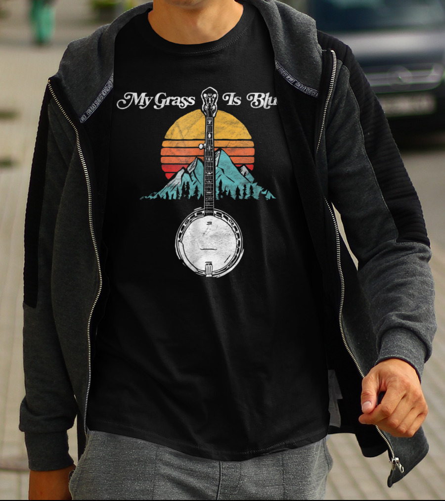 My Grass Is Blue Rocky Mountain Banjo Sunset Mountain Scene T-Shirt