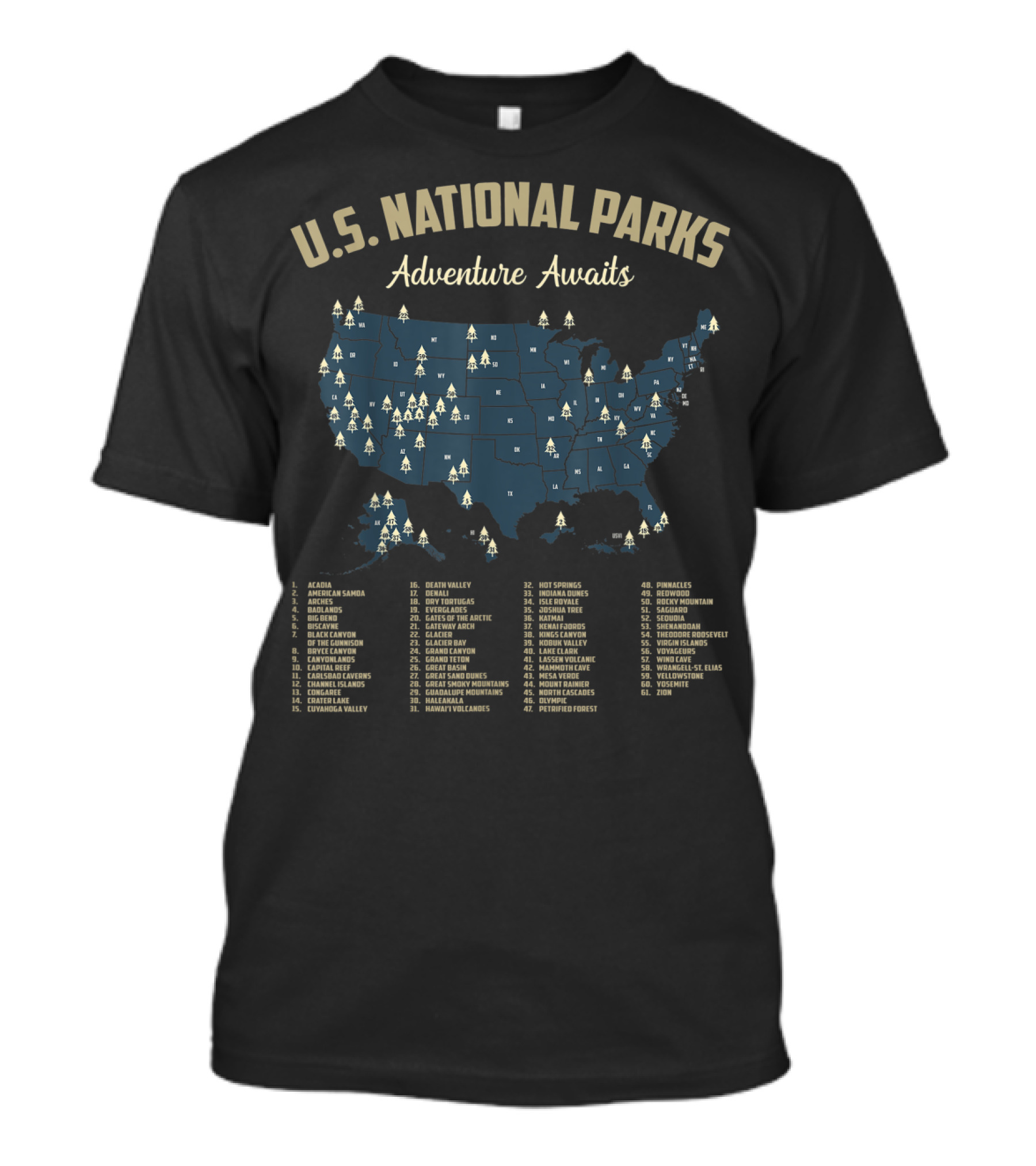 U.S. National Parks Adventure Awaits Map Camping Hiking Outdoor T-Shirt