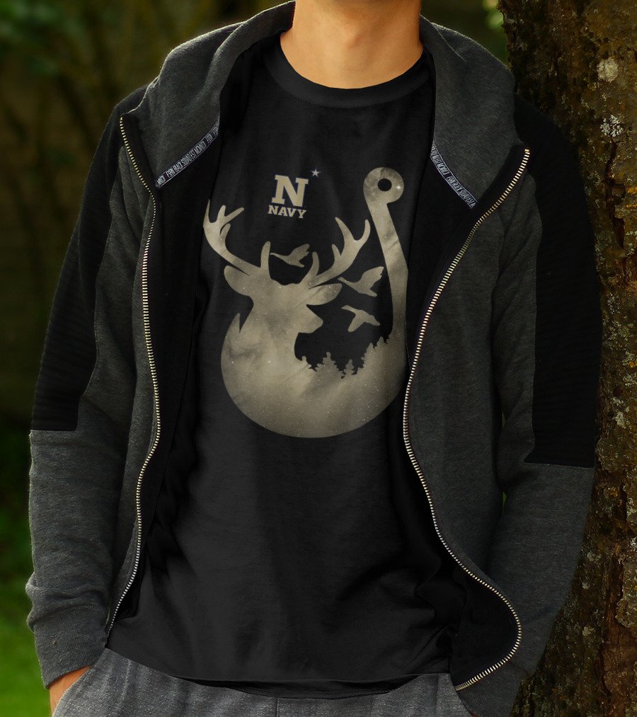 Navy Midshipmen Deer Galaxy Hook With Birds And Starry Sky T-Shirt