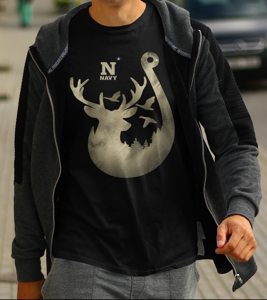 Navy Midshipmen Deer Galaxy Hook With Birds And Starry Sky T-Shirt