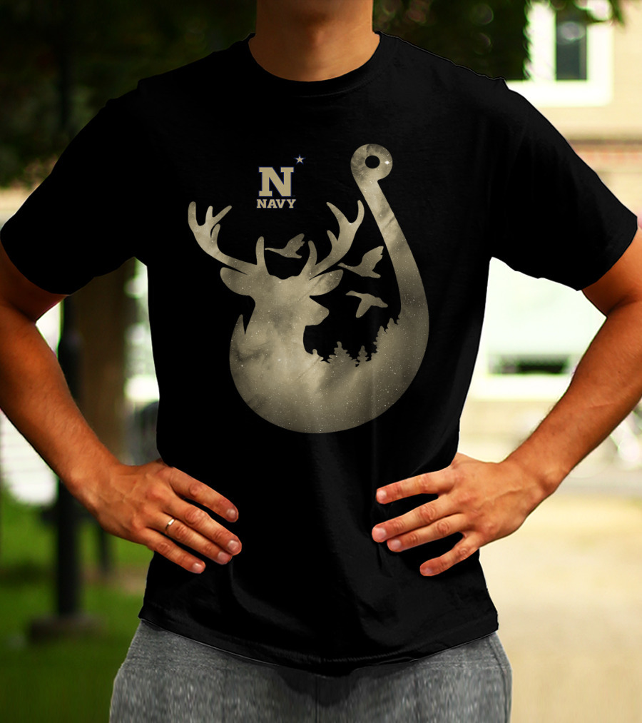 Navy Midshipmen Deer Galaxy Hook With Birds And Starry Sky T-Shirt