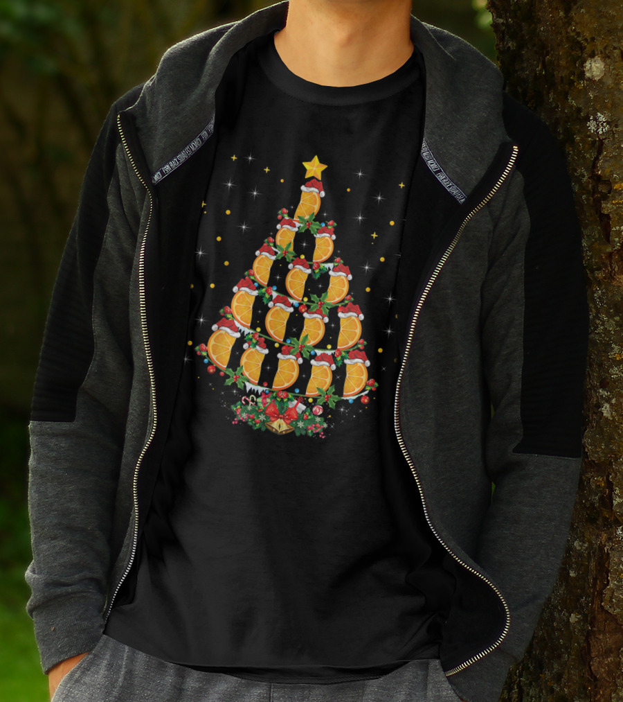 Orange Christmas Tree With Citrus Fruit And Santa Hats T-Shirt