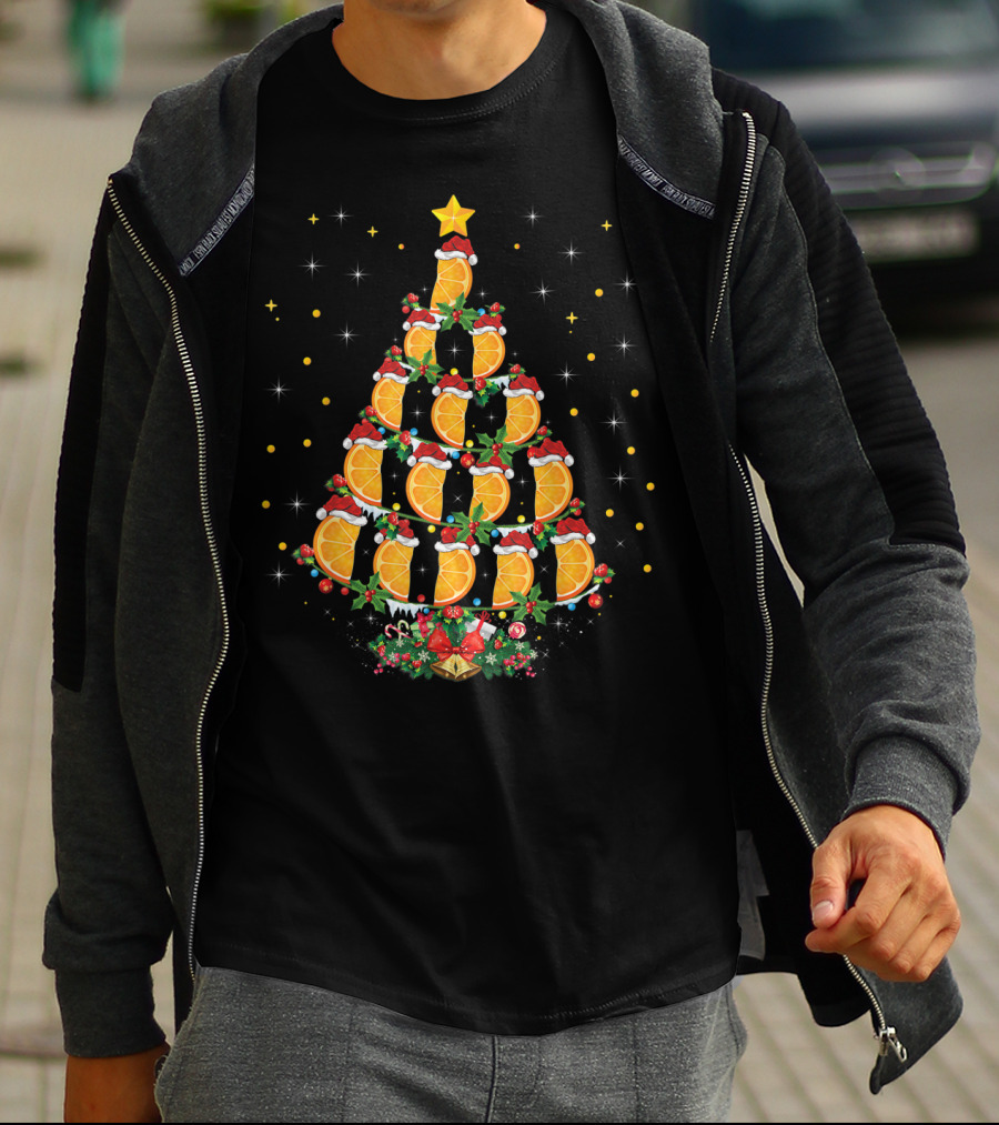 Orange Christmas Tree With Citrus Fruit And Santa Hats T-Shirt