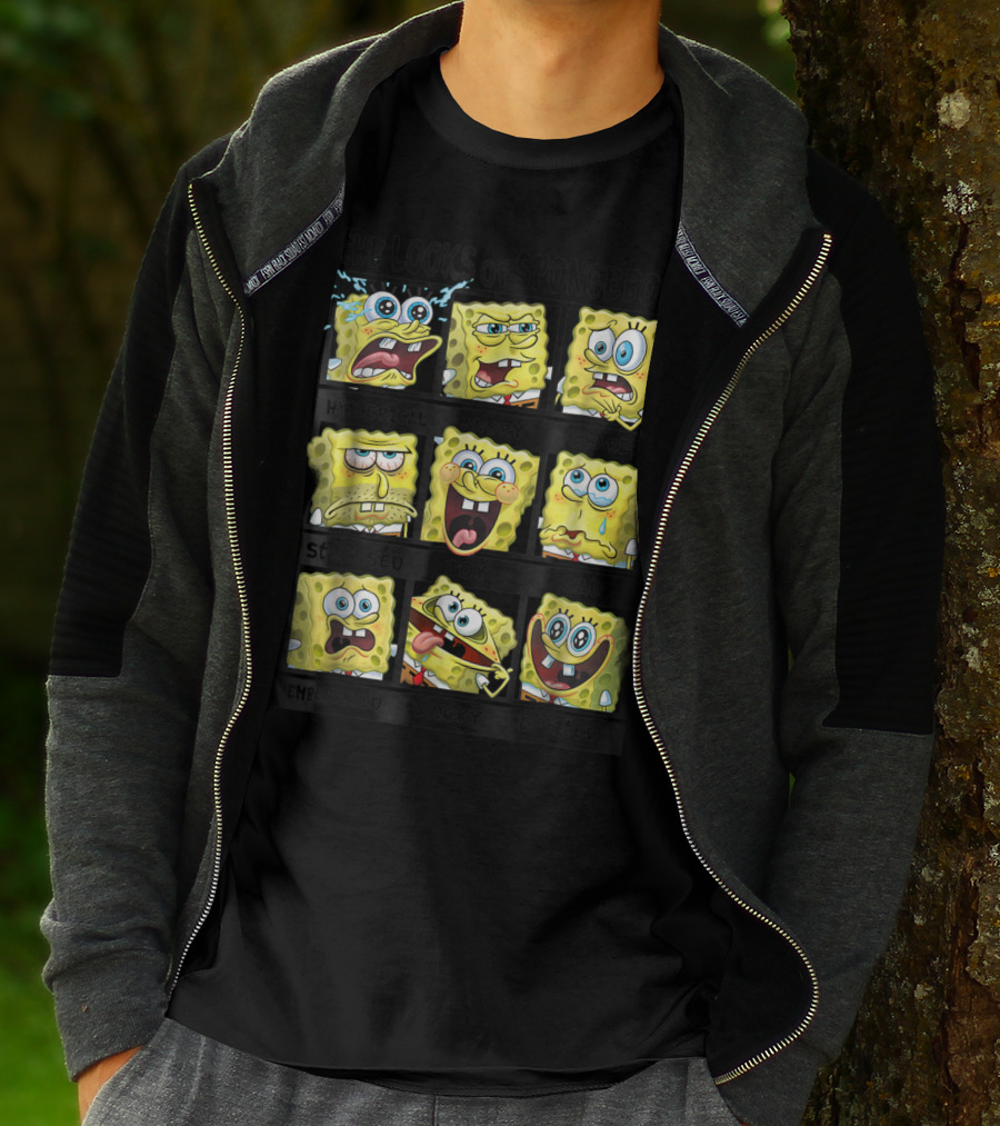 The Looks Of Spongebob Hysterical Angry Scared Stressed Joy Sad Embarrassed Wacky Excited T-Shirt