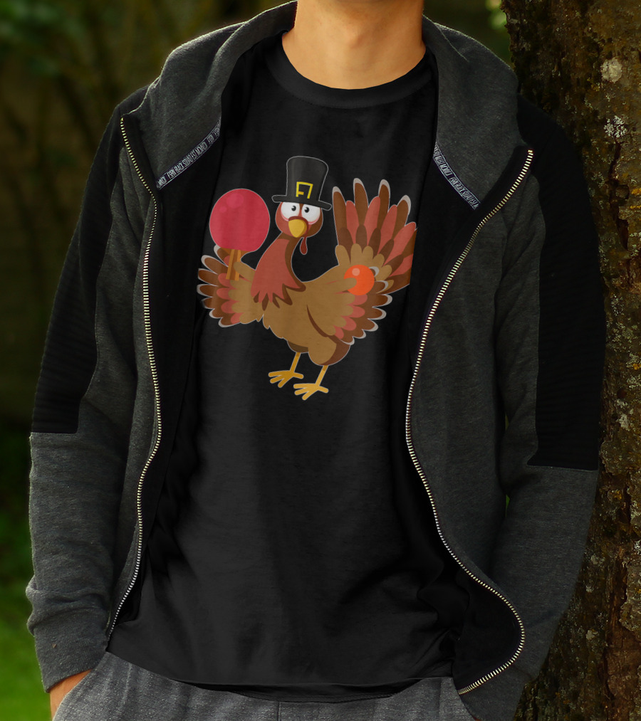 Thanksgiving Turkey Playing Ping Pong With Paddle And Pilgrim Hat T-Shirt