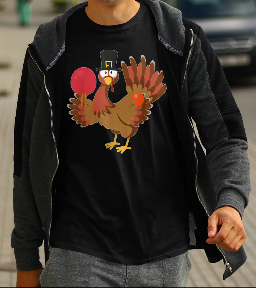 Thanksgiving Turkey Playing Ping Pong With Paddle And Pilgrim Hat T-Shirt