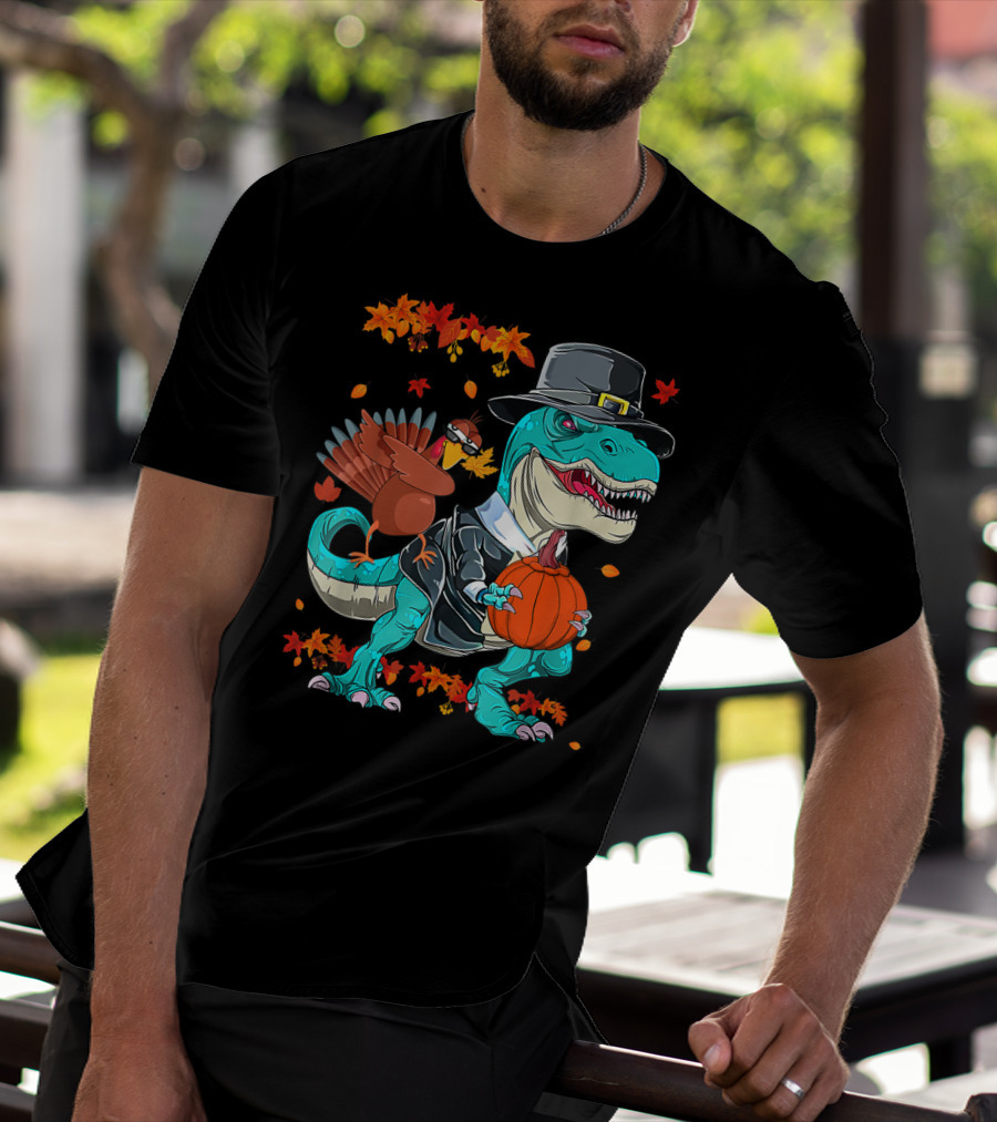 Thanksgiving Pilgrim T-Rex Dinosaur Dabbing Turkey With Pumpkin And Autumn Leaves T-Shirt