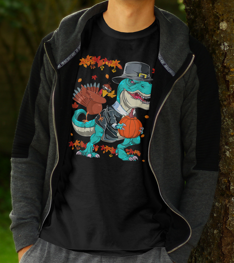 Thanksgiving Pilgrim T-Rex Dinosaur Dabbing Turkey With Pumpkin And Autumn Leaves T-Shirt