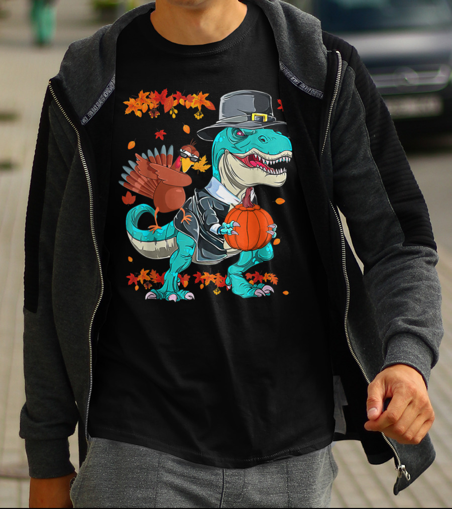 Thanksgiving Pilgrim T-Rex Dinosaur Dabbing Turkey With Pumpkin And Autumn Leaves T-Shirt