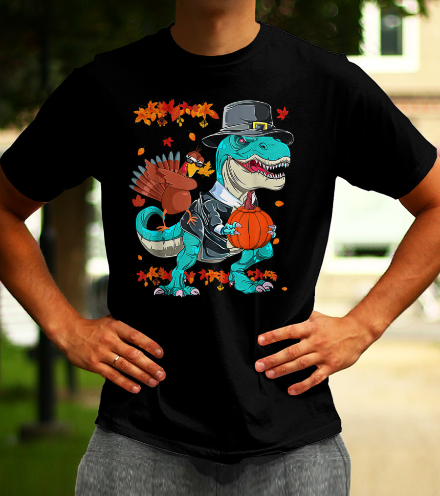 Thanksgiving Pilgrim T-Rex Dinosaur Dabbing Turkey With Pumpkin And Autumn Leaves T-Shirt
