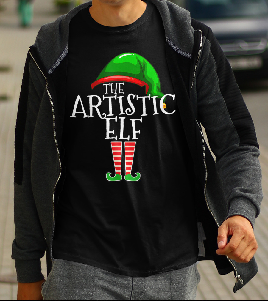 The Artistic Elf Green Hat Red Striped Socks T-Shirt