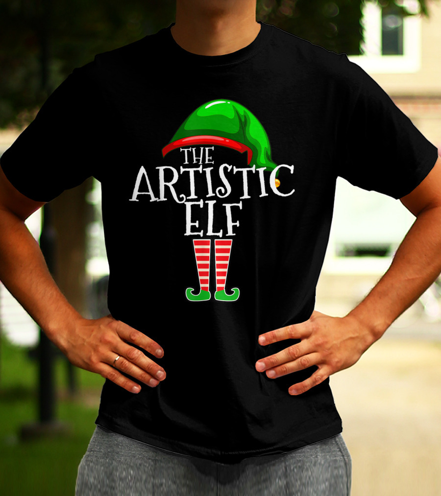 The Artistic Elf Green Hat Red Striped Socks T-Shirt