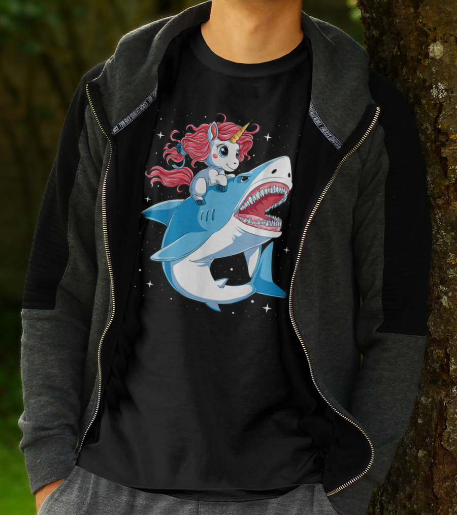 Unicorn Riding Shark In Space Galaxy Adventure T-Shirt