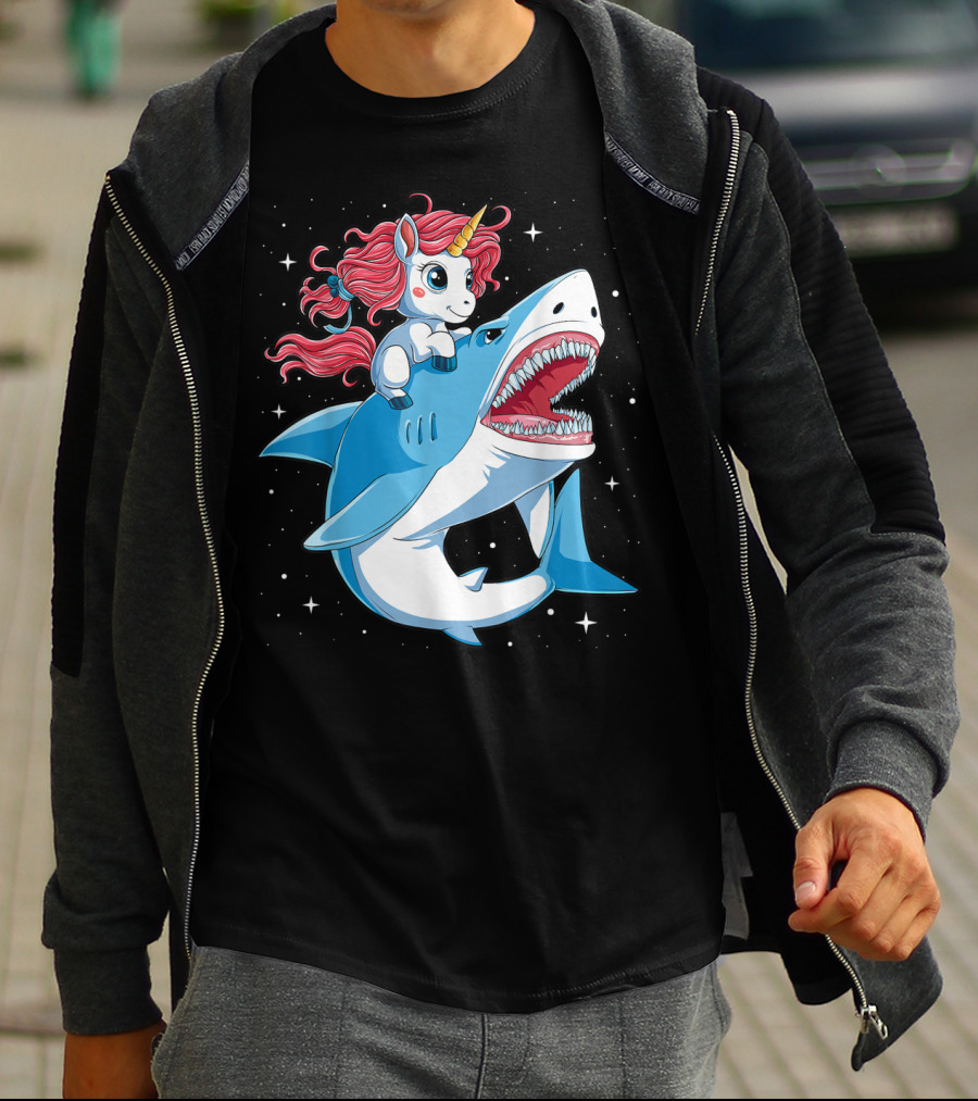 Unicorn Riding Shark In Space Galaxy Adventure T-Shirt