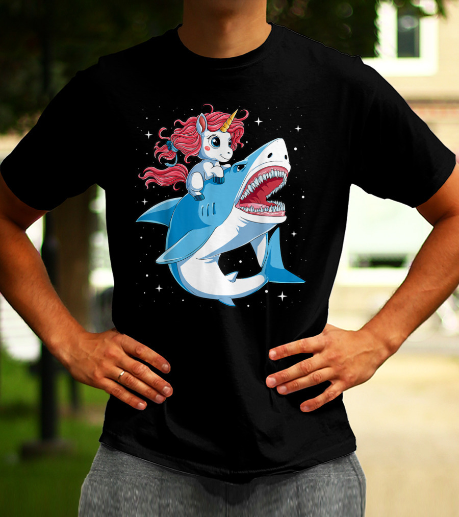 Unicorn Riding Shark In Space Galaxy Adventure T-Shirt