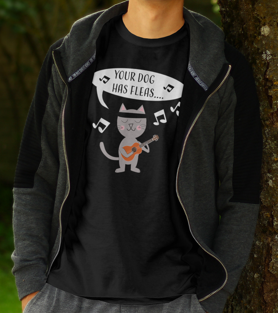 Ukulele Cat Playing Your Dog Has Fleas Tune With Music Notes T-Shirt