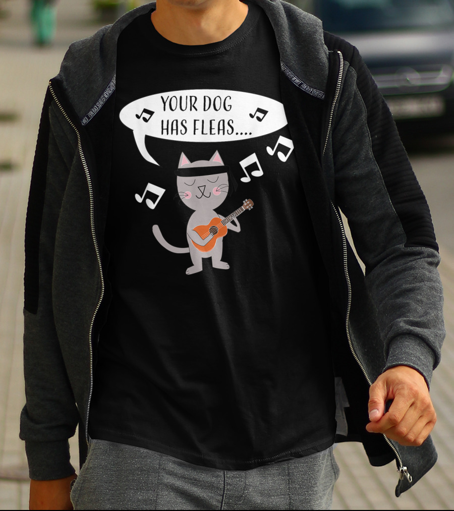 Ukulele Cat Playing Your Dog Has Fleas Tune With Music Notes T-Shirt