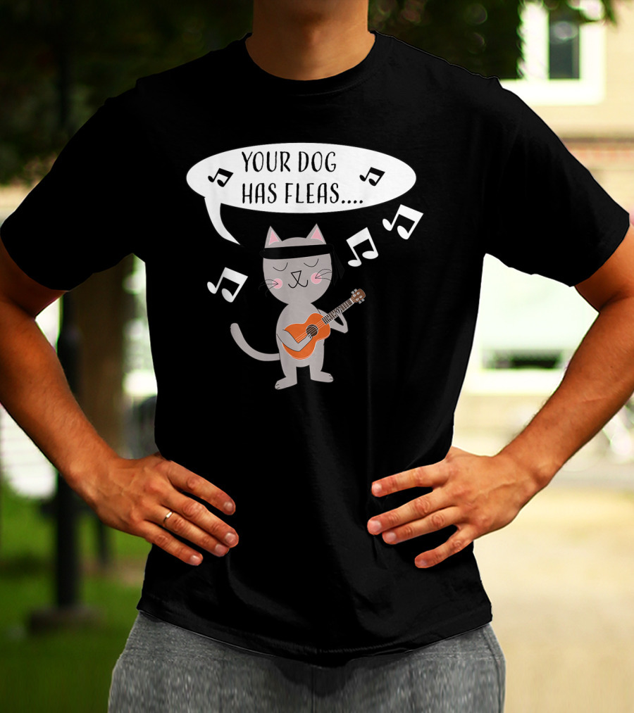 Ukulele Cat Playing Your Dog Has Fleas Tune With Music Notes T-Shirt
