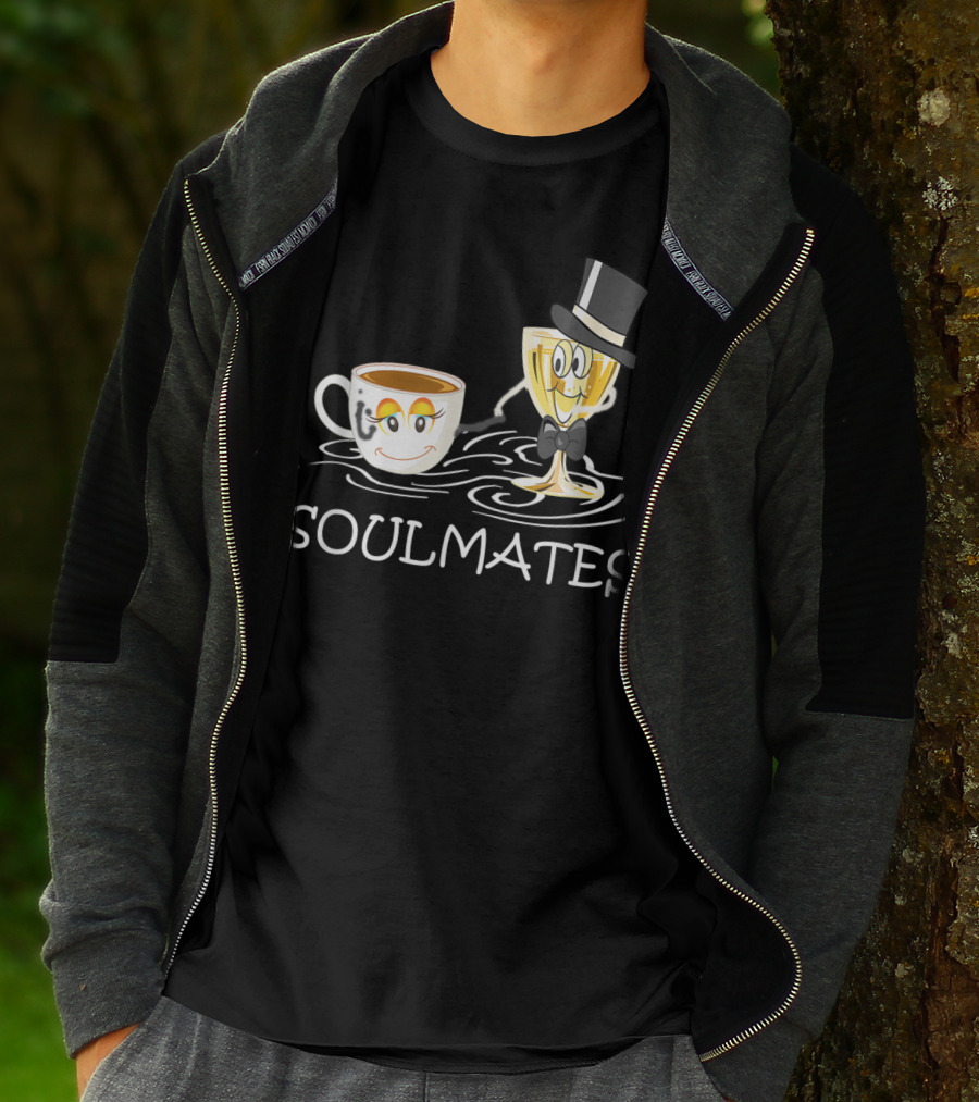 Funny Wine And Coffee Soulmates With Smiling Cup And Glass In Love T-Shirt
