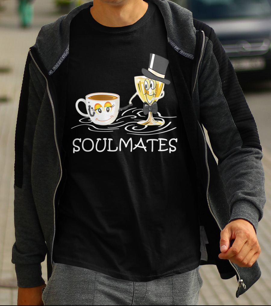 Funny Wine And Coffee Soulmates With Smiling Cup And Glass In Love T-Shirt