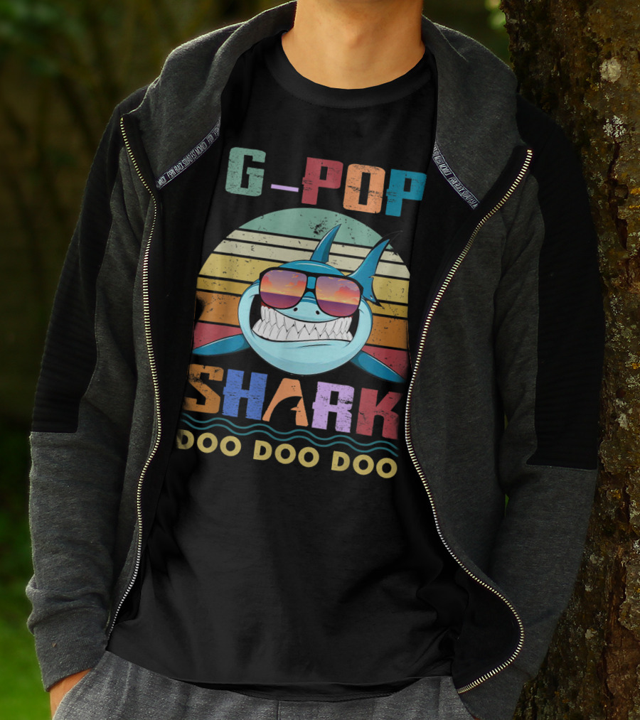 G Pop Shark Doo Doo Doo Retro Sunglasses Ocean Vintage Sunset T-Shirt