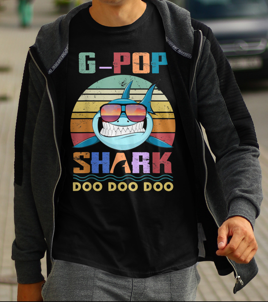 G Pop Shark Doo Doo Doo Retro Sunglasses Ocean Vintage Sunset T-Shirt