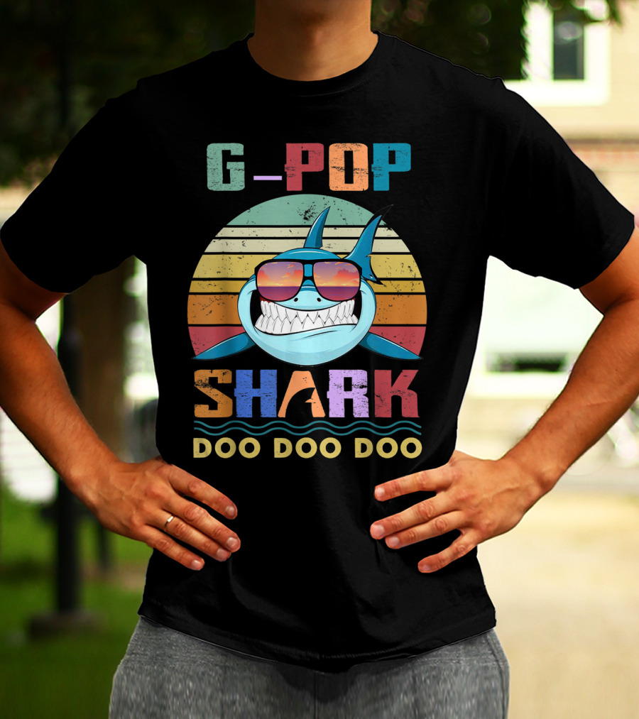 G Pop Shark Doo Doo Doo Retro Sunglasses Ocean Vintage Sunset T-Shirt