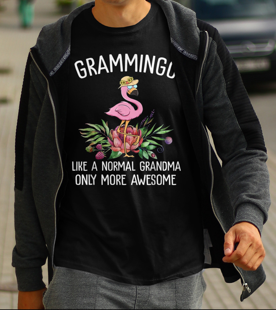 Grammingo Like A Normal Grandma Only More Awesome Pink Flamingo With Hat And Tropical Flowers T-Shirt