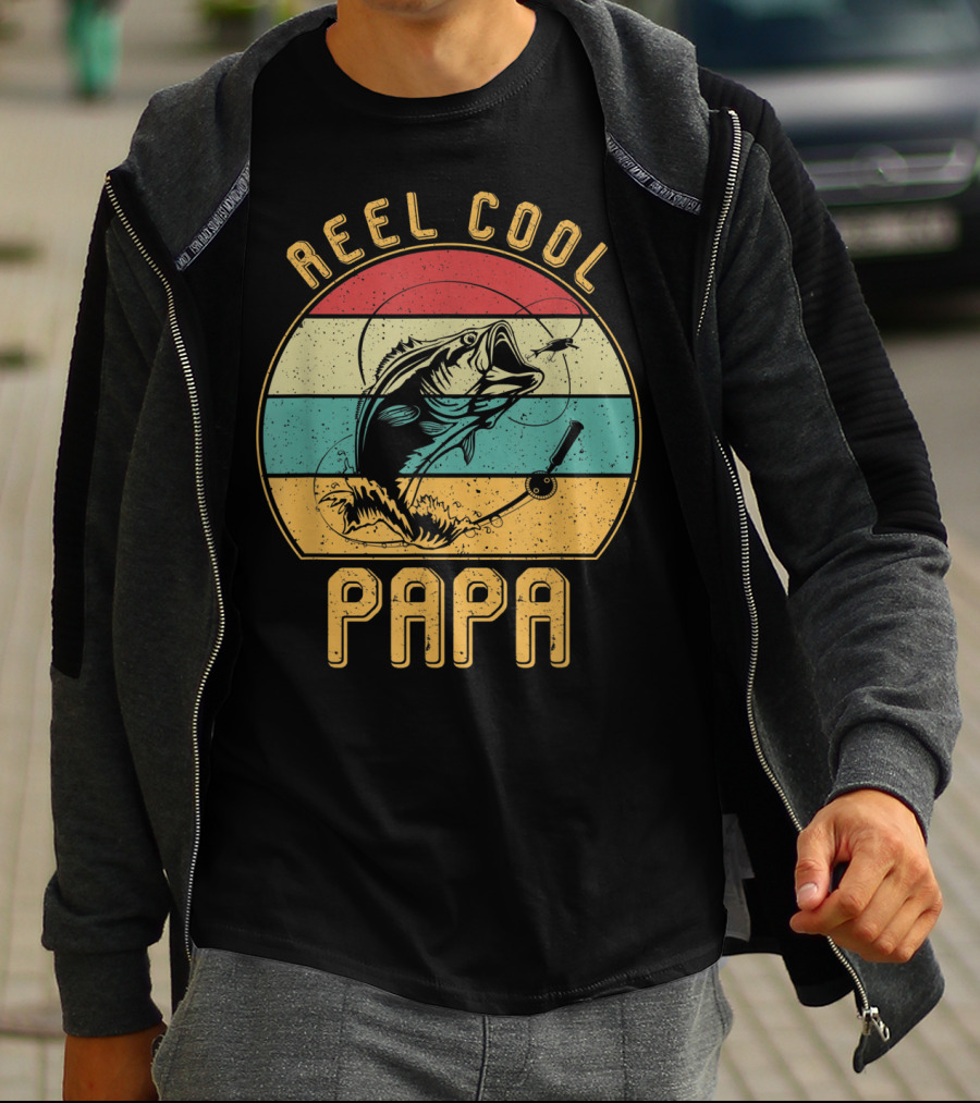 Reel Cool Papa Fishing Father's Day Retro Striped T-Shirt